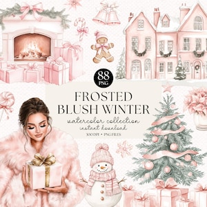 Frosted Blush Winter Watercolor Clipart Bundle – 88 PNG Illustrazioni natalizie / Download immediato, Grafica natalizia, Estetica invernale rosa