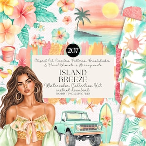 Peut inclure: Collection d'art numérique "Island Breeze" avec des illustrations à l'aquarelle. L'image comprend des éléments floraux, des motifs sans couture et des coups de pinceau. Une femme, un camion vintage et une planche de surf sont également représentés.
