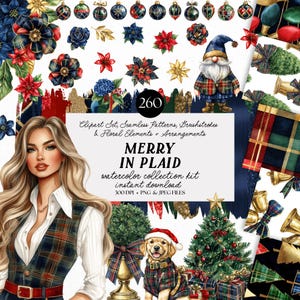 May include: A digital watercolour collection with a Christmas theme. The image features floral elements, plaid patterns, and a woman in a plaid vest. A dog in a Santa hat and a gnome are also present. The text reads "MERRY IN PLAID".