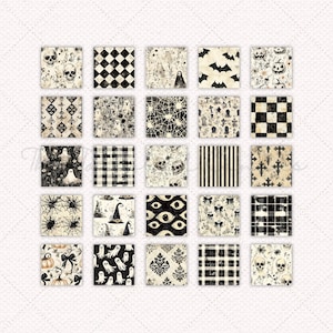 May include: A set of 20 digital paper patterns featuring a black and white color scheme with various Halloween-themed designs, including ghosts, skulls, bats, pumpkins, and spiderwebs.