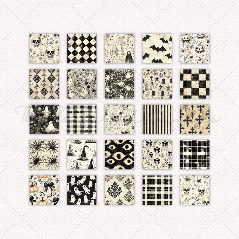 May include: A set of 20 digital paper patterns featuring a black and white color scheme with various Halloween-themed designs, including ghosts, skulls, bats, pumpkins, and spiderwebs.