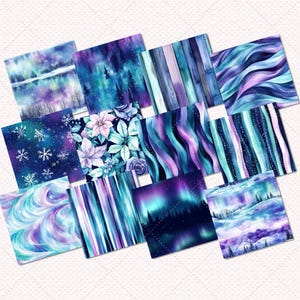 May include: A set of 10 digital paper designs featuring watercolor patterns in shades of blue, purple, and white. The designs include snowflakes, aurora borealis, floral patterns, and abstract designs.