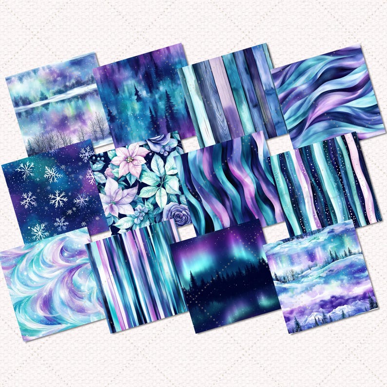 May include: A set of 10 digital paper designs featuring watercolor patterns in shades of blue, purple, and white. The designs include snowflakes, aurora borealis, floral patterns, and abstract designs.