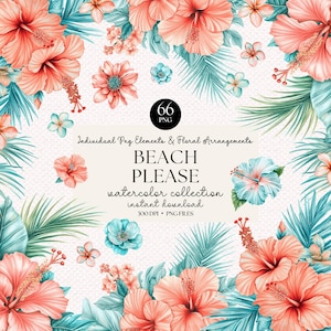 Watercolor Tropical Flower Clipart Set: Hibiscus, Palm Leaves (PNG Instant Download Bundle)