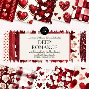 Bundle di motivi e pennellate senza soluzione di continuità per San Valentino in Borgogna - PNG e JPEG di alta qualità, carta romantica, acquerello, carte digitali
