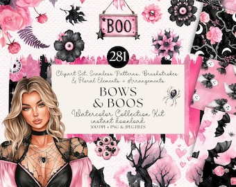 May include: A digital art collection featuring watercolor elements in pink and black. The design includes floral arrangements, seamless patterns, and the text "BOWS & BOOS". A sign says "BOO". The collection is available for instant download.