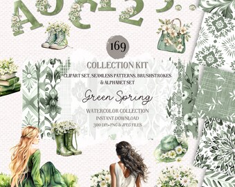 Green Spring Watercolor Clipart Bundle: Seamless Patterns, PNG Alphabet (Digital Download)
