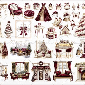 May include: A collection of watercolour illustrations featuring Christmas and festive decorations. The image includes a Christmas tree, gifts, a bar, and furniture in a burgundy and gold colour scheme. The overall theme is elegant and festive.