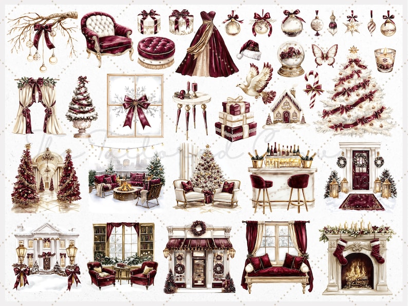 May include: A collection of watercolour illustrations featuring Christmas and festive decorations. The image includes a Christmas tree, gifts, a bar, and furniture in a burgundy and gold colour scheme. The overall theme is elegant and festive.