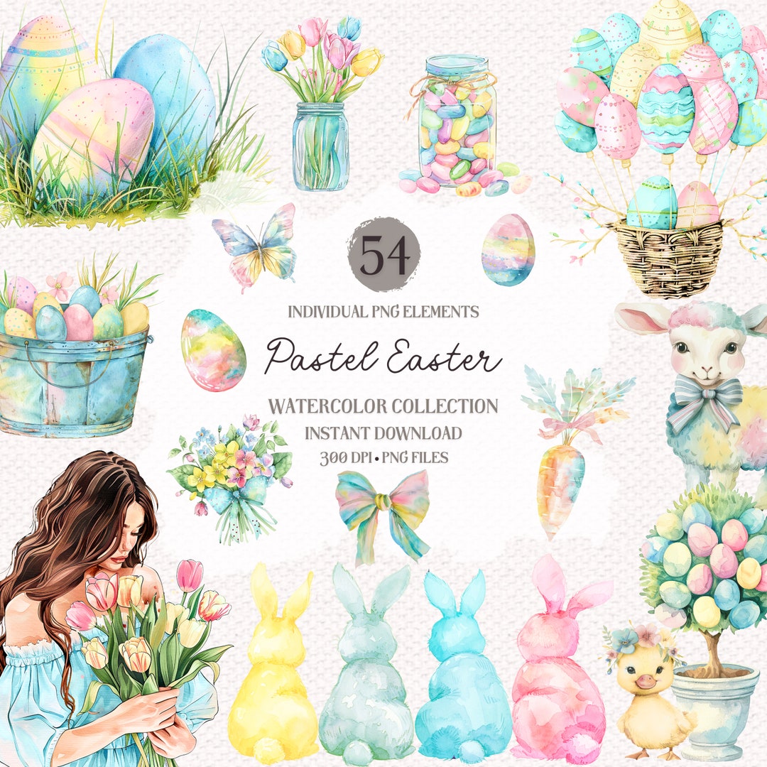 Watercolor Pastel Easter Clipart Bundle: Bunny, Eggs, Spring Pngs ...