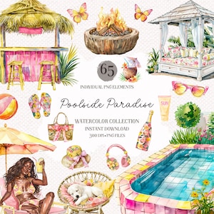 Aquarel Pool Party Clipart - Zomer Graphics, Pool day clip art pngs, Sublimatie ontwerpen, digitale stickers, cocktail, instant download