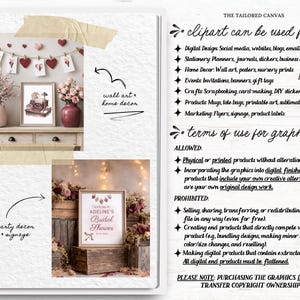 May include: A notebook page with a spiral binding features wall art and party decor. The image includes a framed print, vases with flowers, and a sign that reads "Adeline's Bridal Shower." Text on the right lists uses for clipart.