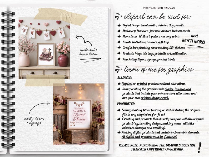 May include: A notebook page with a spiral binding features wall art and party decor. The image includes a framed print, vases with flowers, and a sign that reads "Adeline's Bridal Shower." Text on the right lists uses for clipart.