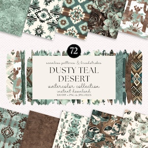 Teal Western Nahtlose Muster und Pinselstriche Bundle - 72 hochwertige PNG und JPEG, Frühlingskollektion, Aquarell, digitale Papiere