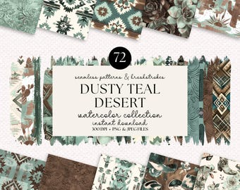 Teal Desert Watercolor Patterns: Southwestern Digital Paper Set (PNG & JPEG)