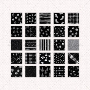 Puede incluir: Un conjunto de 36 patrones de papel digital en negro y plata con varios temas navide&ntilde;os, incluyendo copos de nieve, estrellas, adornos, cuadros y rayas.