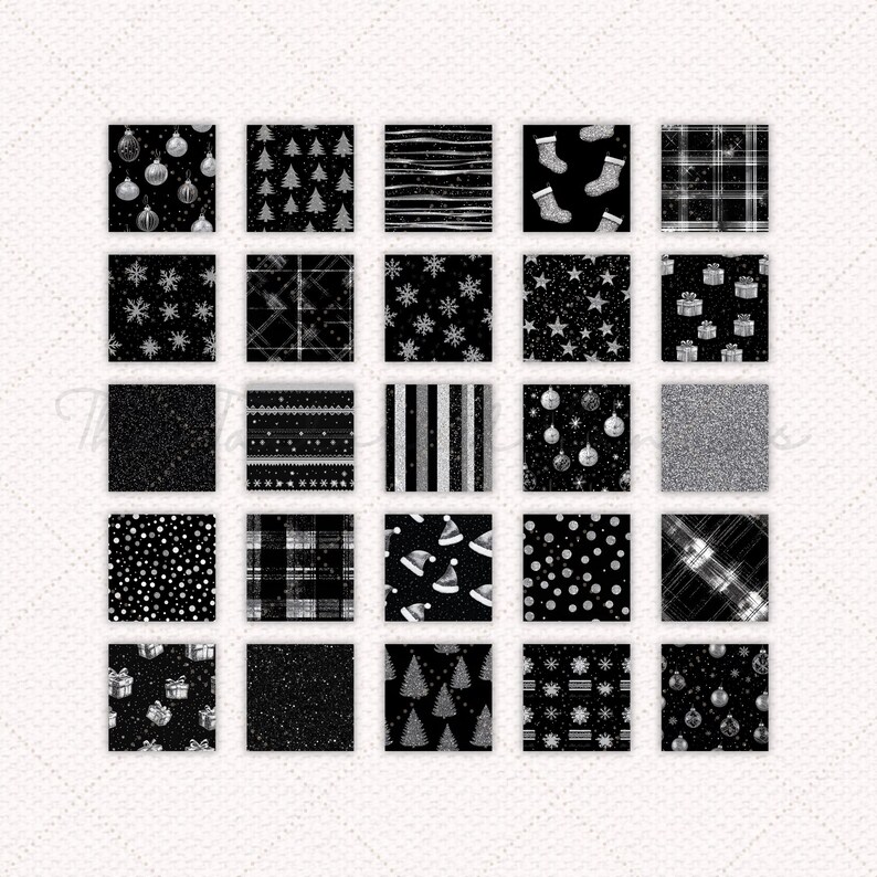 Puede incluir: Un conjunto de 36 patrones de papel digital en negro y plata con varios temas navide&ntilde;os, incluyendo copos de nieve, estrellas, adornos, cuadros y rayas.