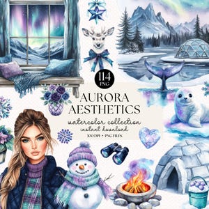 Imágenes prediseñadas de auroras boreales en acuarela, aurora boreal, paquete de imágenes prediseñadas de invierno acogedor, Polo Norte PNG, descarga digital, imágenes prediseñadas del Ártico