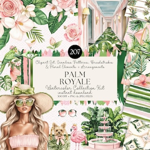 Könnte beinhalten: Digitale Kunstkomposition mit floralen und tropischen Elementen, einer Frau mit Sonnenhut und einem rosa Flamingo. Der Text lautet "PALM ROYALE Watercolor Collection Kit", was auf ein Clipart-Set mit nahtlosen Mustern hinweist.
