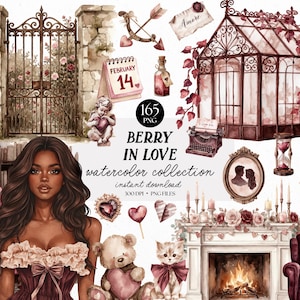 May include: Watercolor collection titled "Berry in Love" featuring various romantic elements. Includes a woman, a decorative gate, a greenhouse, a fireplace, a teddy bear, and a kitten. The image also has text that says "February 14".