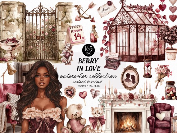 Berry In Love Watercolor Clipart Bundle, Valentine Romantic Decor PNG, Vintage Love Aesthetic, Cottagecore Romance Graphics