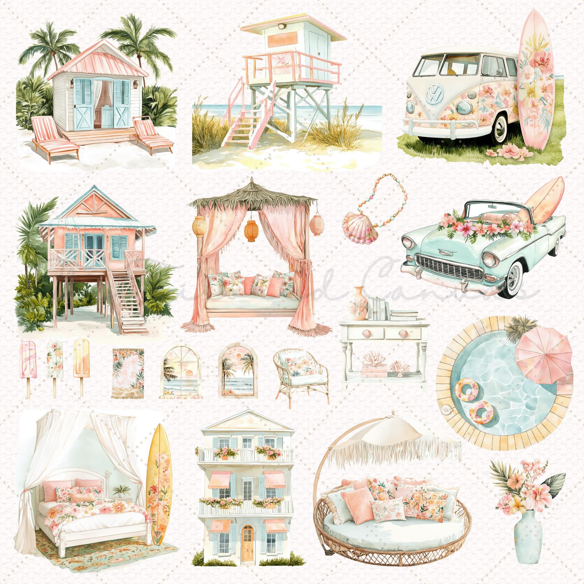 Watercolor Coastal Clipart Bundle: Beach Summer Illustrations (78 PNG ...