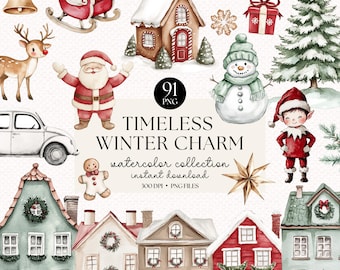 Watercolor Christmas Clipart: 91 Winter PNG Graphics (Digital Download)