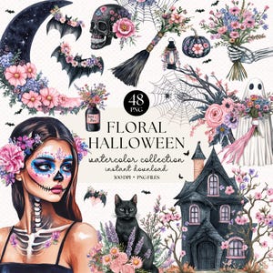 Lot de cliparts floraux pour Halloween aquarelle - clipart fleurs effrayantes, beaux modèles pour travaux manuels, invitations et décoration d'intérieur