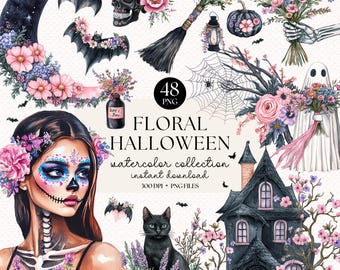 Watercolor Floral Halloween Clipart Bundle: Spooky Flower Designs (Digital Download)