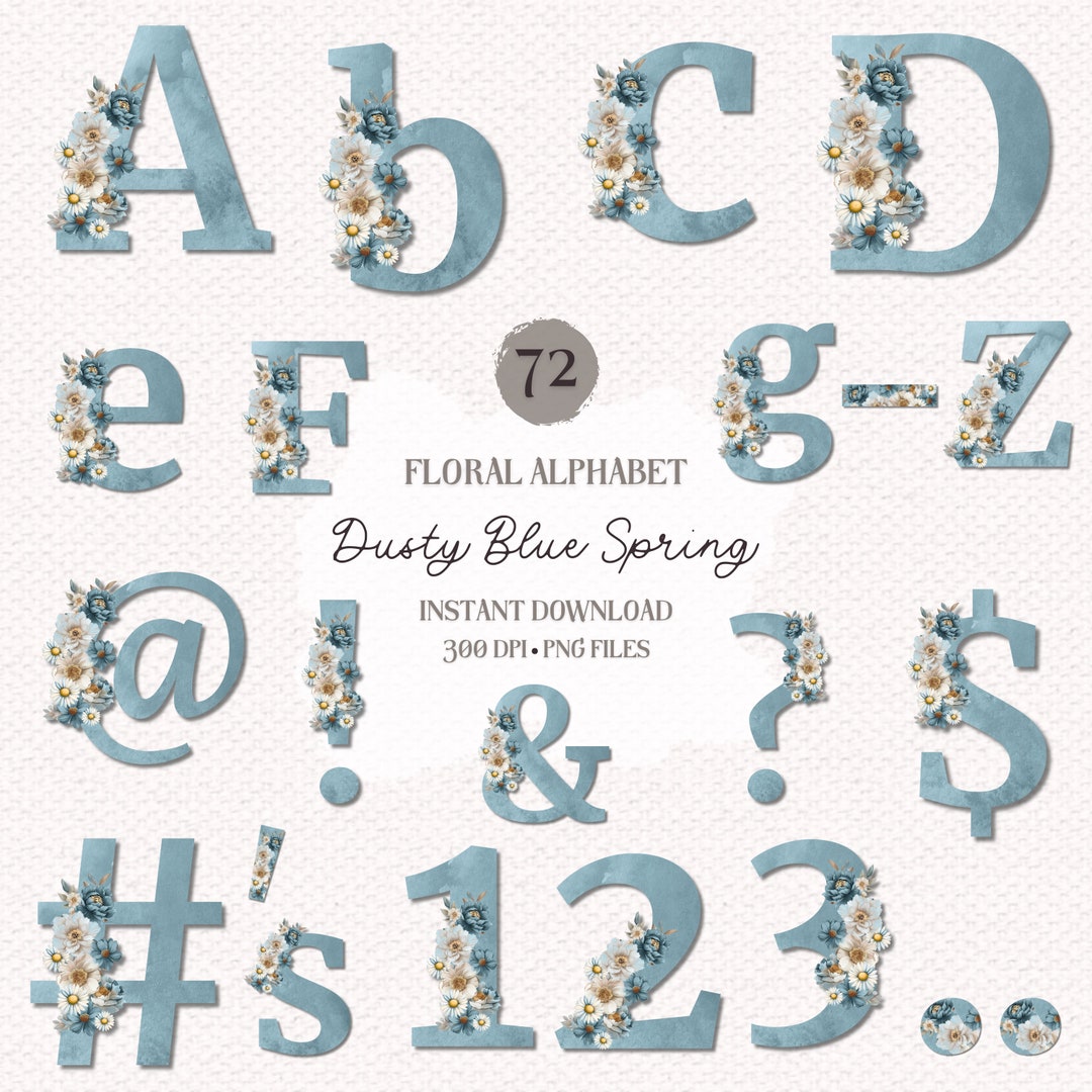 Dusty Blue Floral Alphabet PNG Set: Spring Watercolor Letters (digital ...