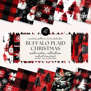 May include: A digital download of 47 watercolor Christmas patterns and brushstrokes featuring buffalo plaid, snowflakes, Christmas trees, and snowmen. The patterns are in red, black, and white.