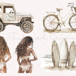 Puede incluir: Una ilustraci&oacute;n de acuarela de un jeep vintage, una bicicleta con una cesta, dos mujeres en bikini y tres tablas de surf en una playa.