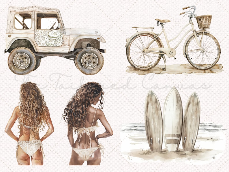 Puede incluir: Una ilustraci&oacute;n de acuarela de un jeep vintage, una bicicleta con una cesta, dos mujeres en bikini y tres tablas de surf en una playa.