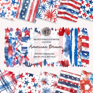 Aquarell 4. Juli Nahtlose Muster und Pinselstriche Bundle - 47 hochwertige PNG und JPEG, Vaterländisches digitales Papier, Scrapbooking
