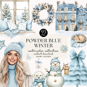 Pacchetto di clipart di acquerelli invernali blu polvere / File PNG / Download immediato / Estetica invernale / Raccolta innevata per artigianato e design