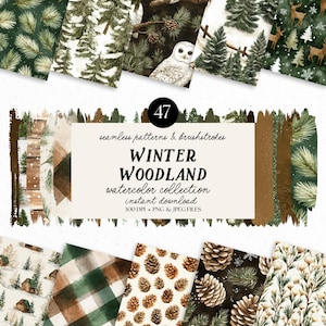 May include: A collection of watercolor patterns and brushstrokes with a winter woodland theme. The image features various designs including pine trees, pine cones, and an owl. The text reads "WINTER WOODLAND watercolor collection instant download".