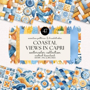 Op de afbeelding: Een digitale aquarelcollectie getiteld "Coastal Views in Capri" met naadloze patronen en penseelstreken. Het ontwerp bevat nautische elementen zoals ankers en touwen, met een kleurenpalet van blauw, oranje en wit. De tekst luidt "47" en "direct downloaden".