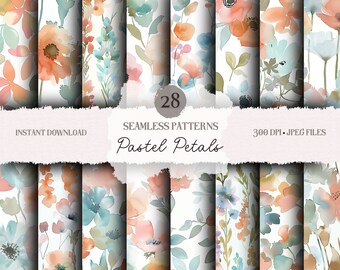 Watercolor Floral Seamless Patterns: Pastel Petals Digital Paper (JPEGs)