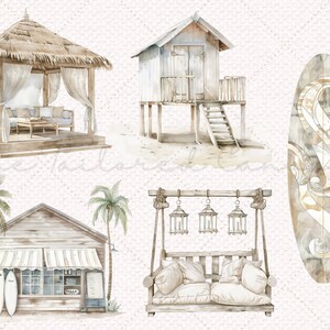 Puede incluir: Una ilustraci&oacute;n de acuarela de una escena de playa con varias estructuras de madera, incluyendo un cenador con techo de paja, una peque&ntilde;a casa sobre pilotes, un banco de columpio con linternas y una caba&ntilde;a de playa con tablas de surf. La ilustraci&oacute;n tambi&eacute;n presenta una tabla de surf con un dise&ntilde;o decorativo.