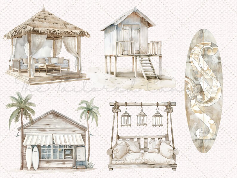 Puede incluir: Una ilustraci&oacute;n de acuarela de una escena de playa con varias estructuras de madera, incluyendo un cenador con techo de paja, una peque&ntilde;a casa sobre pilotes, un banco de columpio con linternas y una caba&ntilde;a de playa con tablas de surf. La ilustraci&oacute;n tambi&eacute;n presenta una tabla de surf con un dise&ntilde;o decorativo.