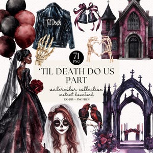 Pacote de clipart de casamento gótico em aquarela - Gráficos românticos escuros para convites, salve as datas e adesivos, coleção de clipart de Halloween