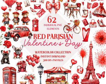 Red Paris Valentine's Day Clipart: Watercolor PNG Bundle (62 Elements)