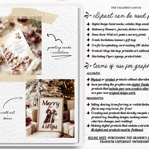 May include: A notebook page featuring Christmas designs. It shows a greeting card, a framed "Merry & Bright" Santa print, and text detailing clipart usage. The page is adorned with festive decorations.