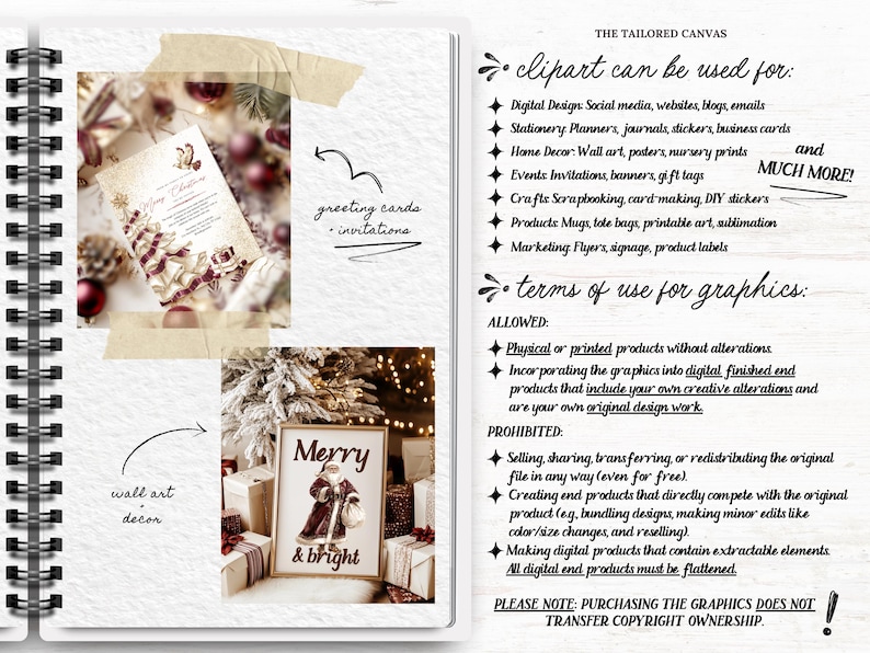 May include: A notebook page featuring Christmas designs. It shows a greeting card, a framed "Merry & Bright" Santa print, and text detailing clipart usage. The page is adorned with festive decorations.