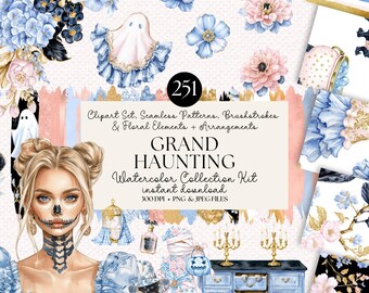 Grand Haunting Halloween Clipart Bundle: Gothic Watercolor Illustrations (PNG JPG)