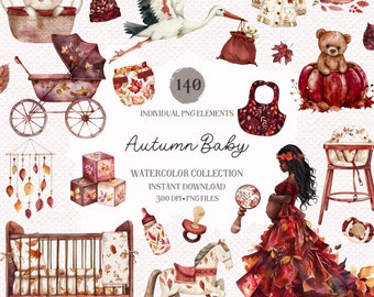 Aquarel herfst baby clipartbundel: 140 herfstelementen (digitale download)
