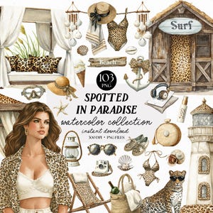 Neutral Summer Watercolor Collection | 103 Coastal Leopard Print PNG Clipart Elements