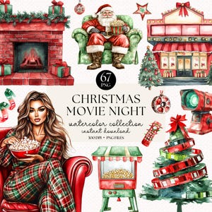 Paquete de imágenes prediseñadas de una noche de cine navideña con acuarela: arte festivo, acogedora noche de Navidad, conjunto de imágenes prediseñadas de una noche de pijamas, pegatinas digitales