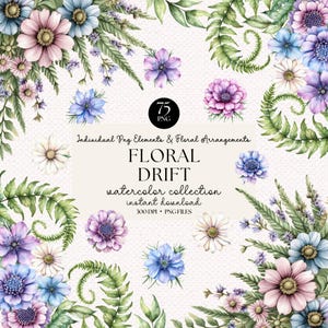 Floral Drift – 75 Watercolor Flower Clipart PNGs | Wildflower Botanical Floral Arrangements | Instant Download | Commercial Use