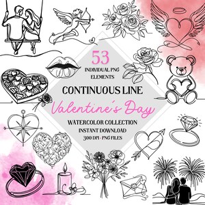Valentine&#39;s Day Line Art Clipart: 53 PNG Watercolor Designs (Digital Download)